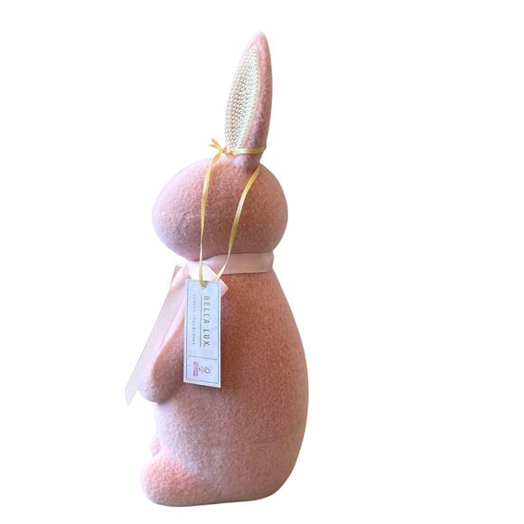 SPRING GATHERINGS 15in Pink Flocked Bunny With Faux Pearl Ears & Ribbon New - Picture 4 of 15